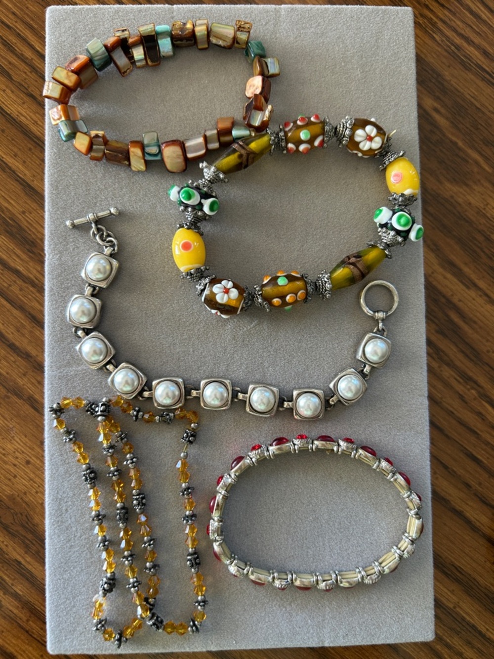 6 Multi-Bead Yellow & Brown Glass Bracelet, Pearl, red stretch.
